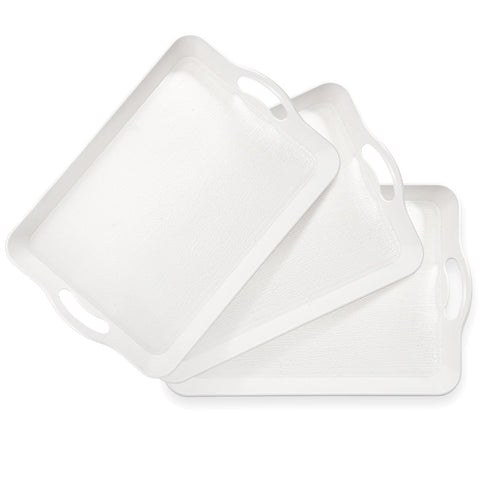 Cedilis 3-pack serving trays with handles, white, stackable for easy transport.