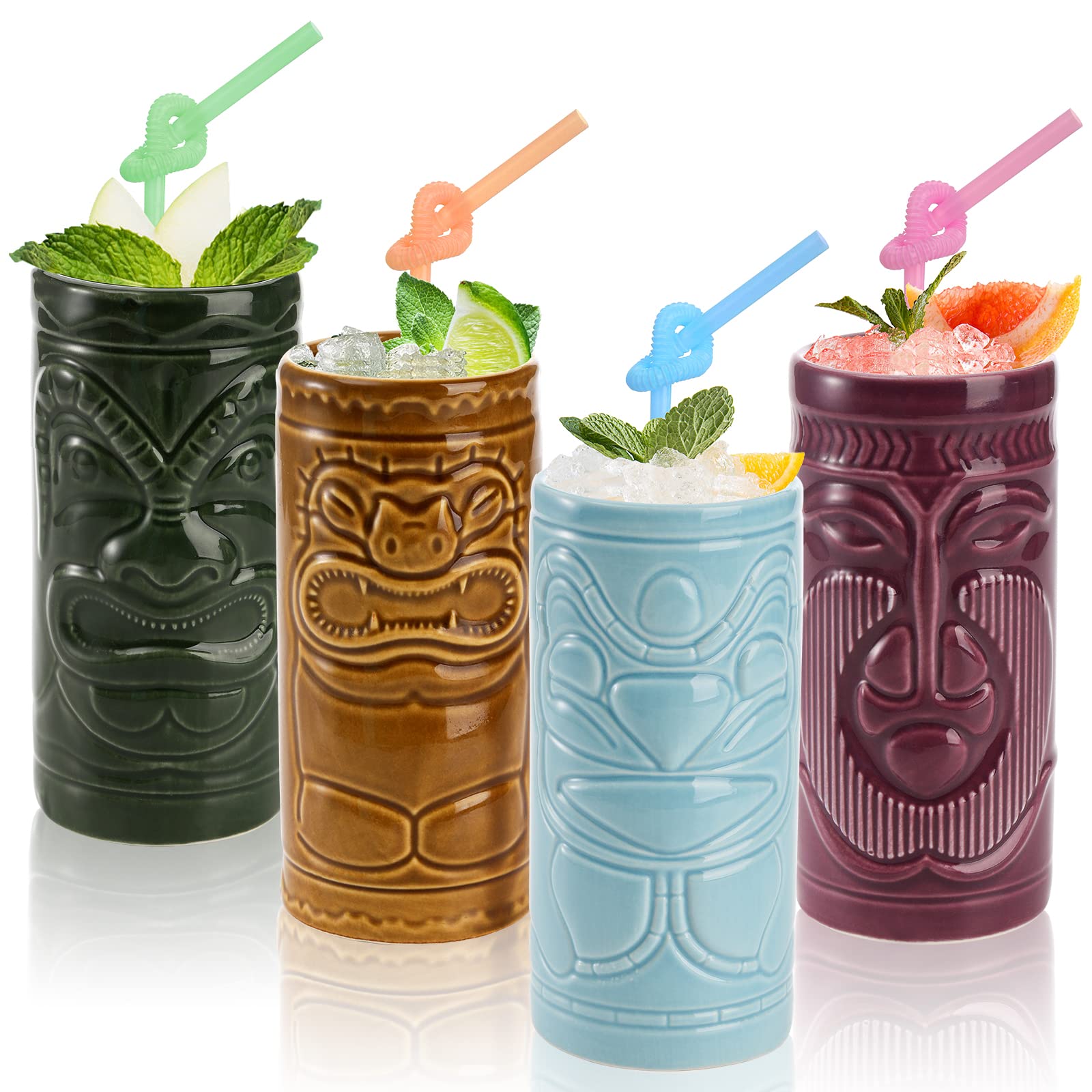 Cedilis 4-pack ceramic tiki mug blue-face for tropical cocktails and island vibes