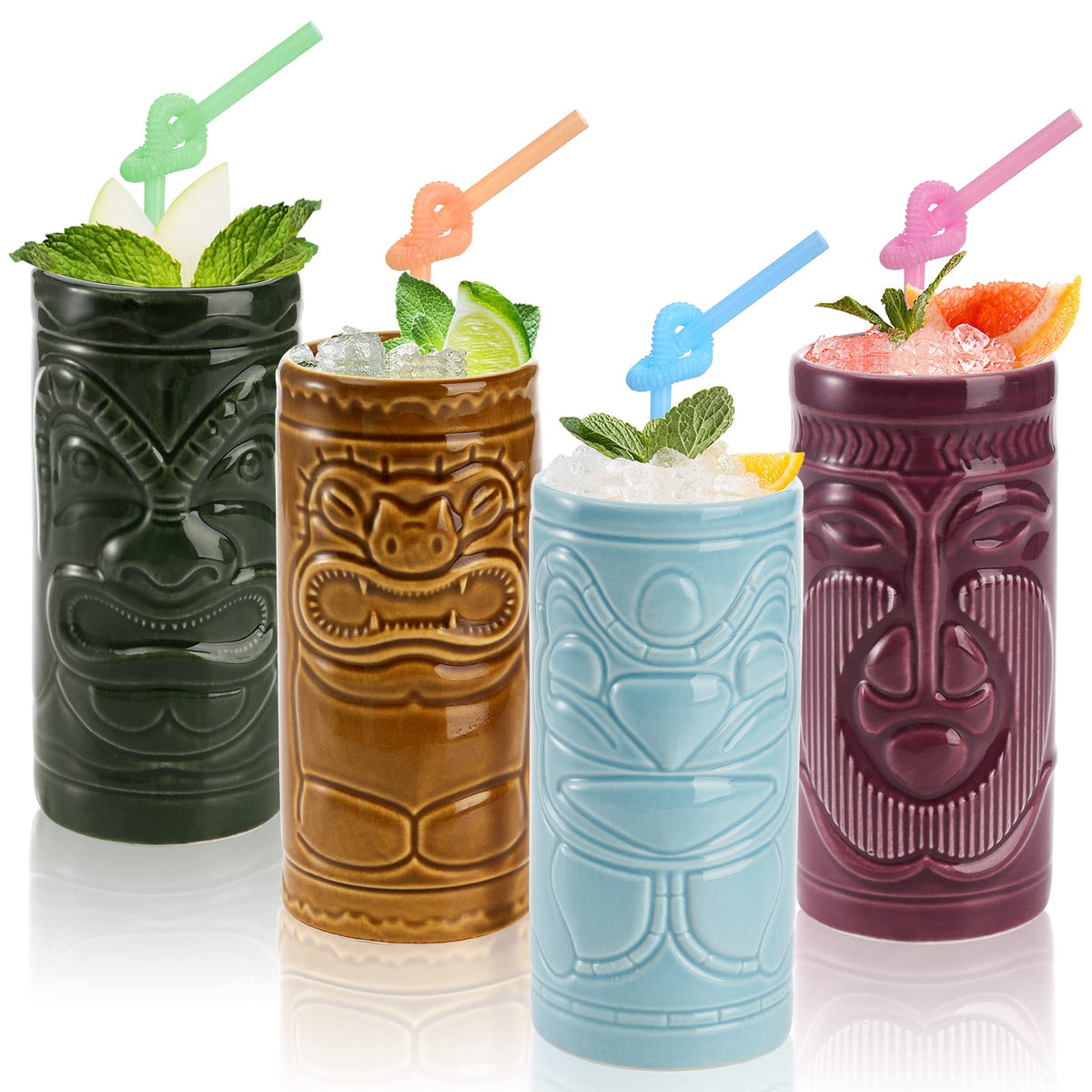 Cedilis 4-pack ceramic tiki mug blue-face for tropical cocktails and island vibes