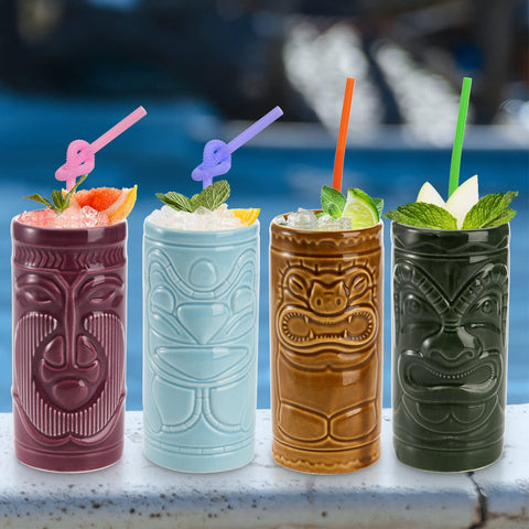 Cedilis 4-pack ceramic tiki mug purple-face adds festive color to cocktails and celebrations