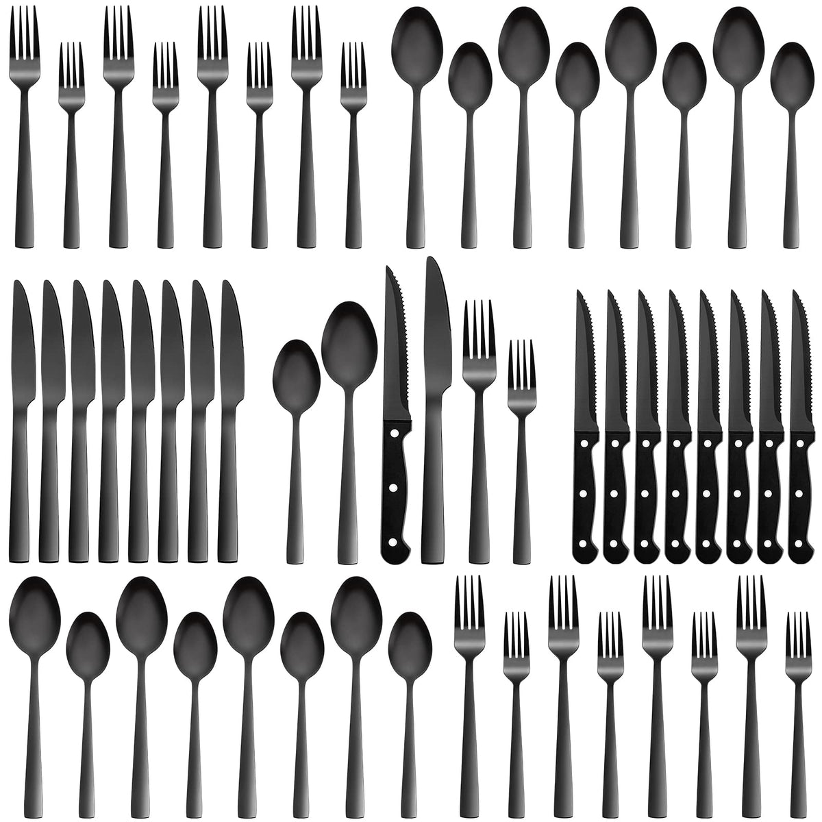 CEKEE 48-piece black silverware set with steak knives for family dining