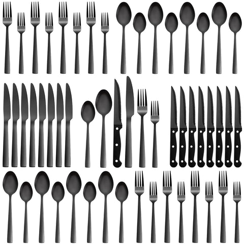 CEKEE 48-piece black silverware set with steak knives for family dining