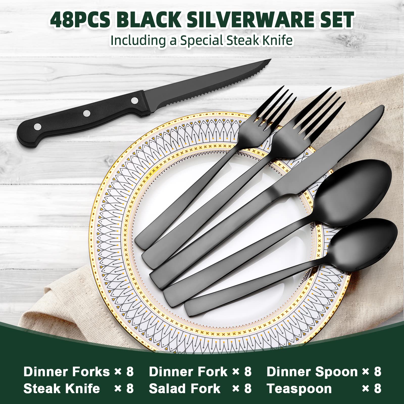 CEKEE black flatware on table with mirror-polished finish for elegance