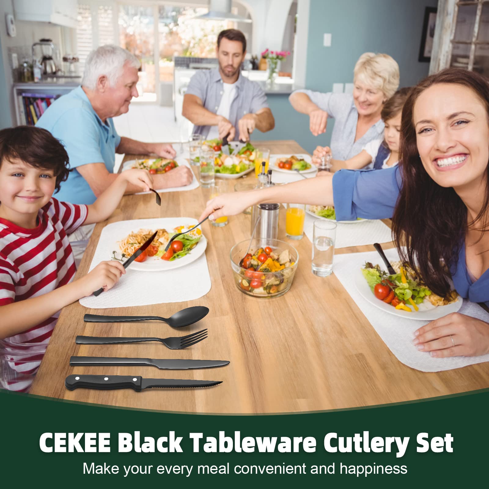 CEKEE dinner spoons and forks in black flatware for everyday meals