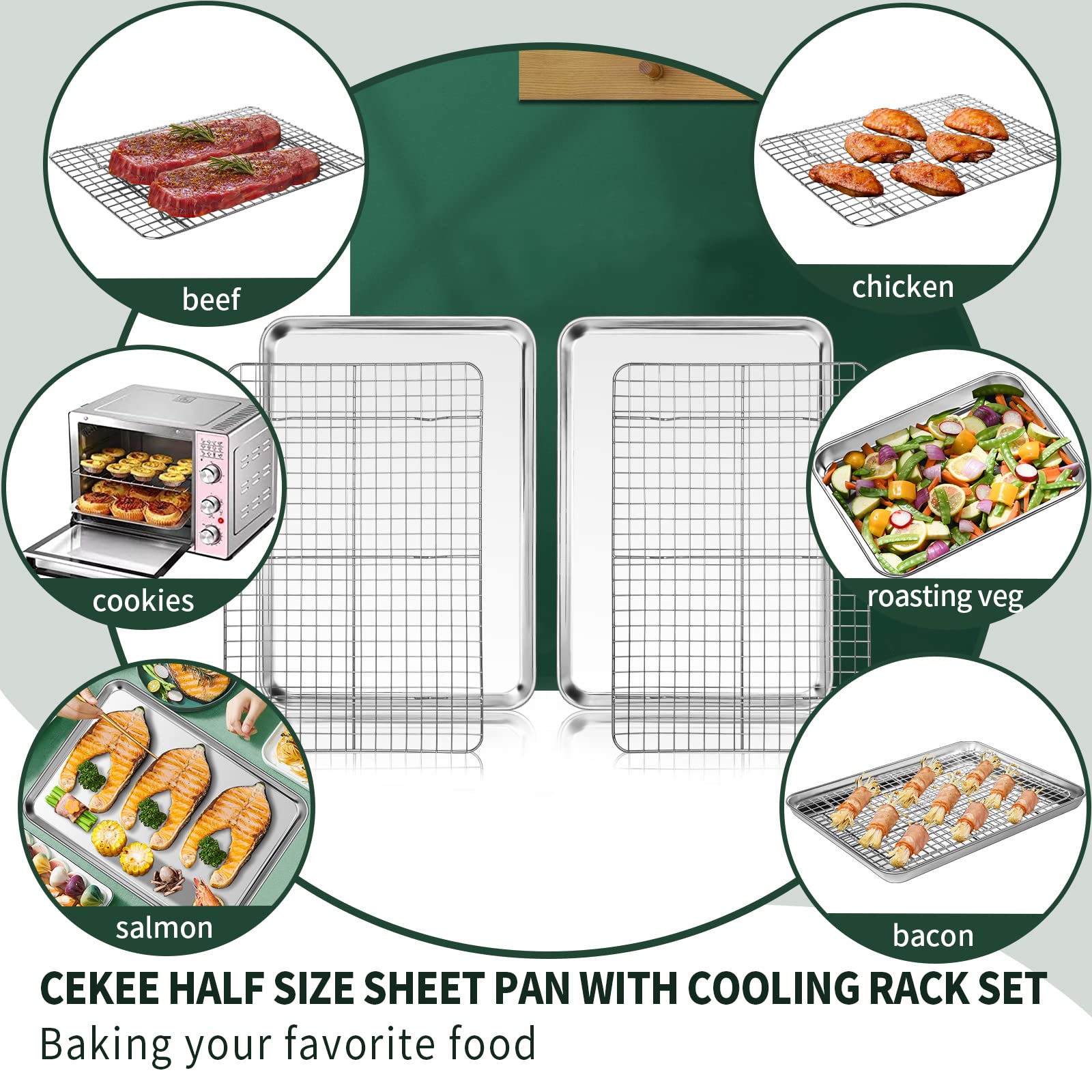 CEKEE dishwasher-safe baking pan with rack simplifies cleaning after busy meals.