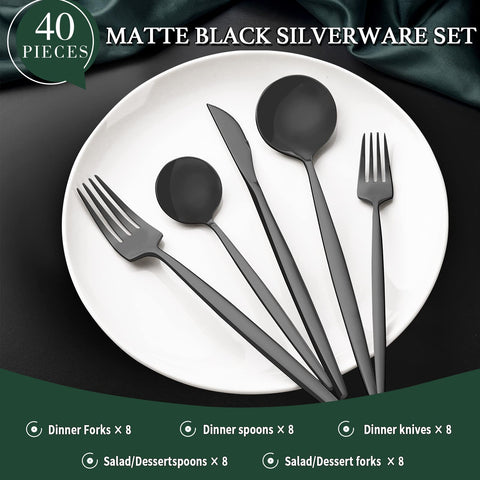 CEKEE matte black dinner fork with slim handle design for comfortable use.