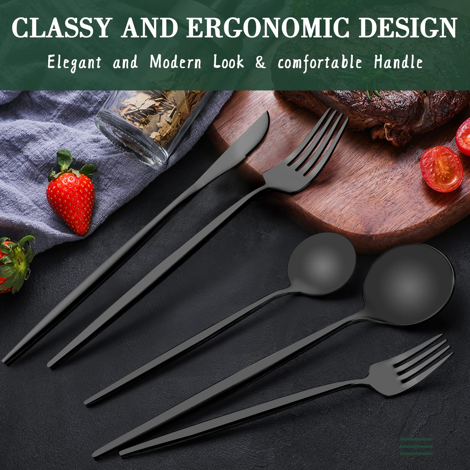 CEKEE matte black salad fork adding sleek contrast to a modern table setting.
