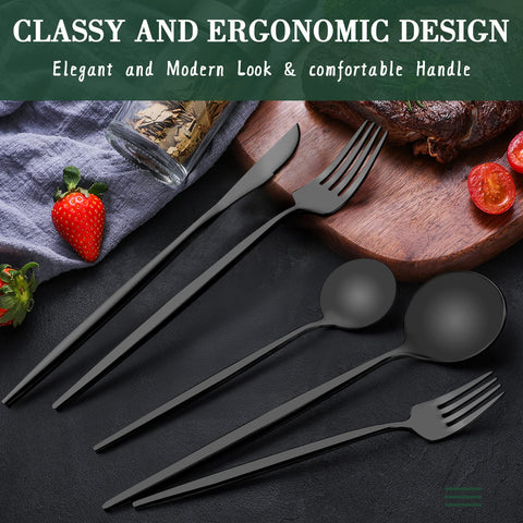 CEKEE matte black salad fork adding sleek contrast to a modern table setting.