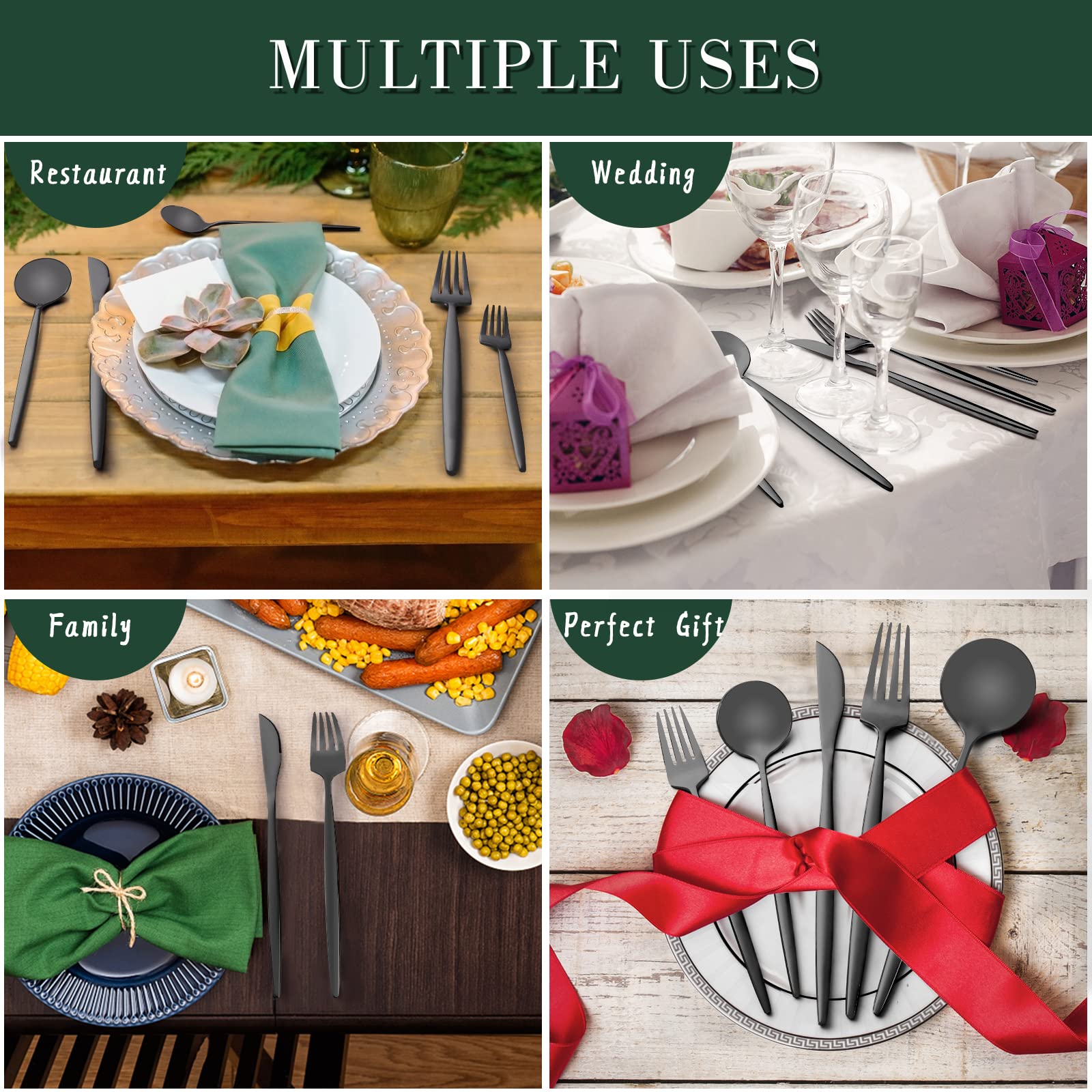 CEKEE matte black flatware set arranged on a stylish table scene.