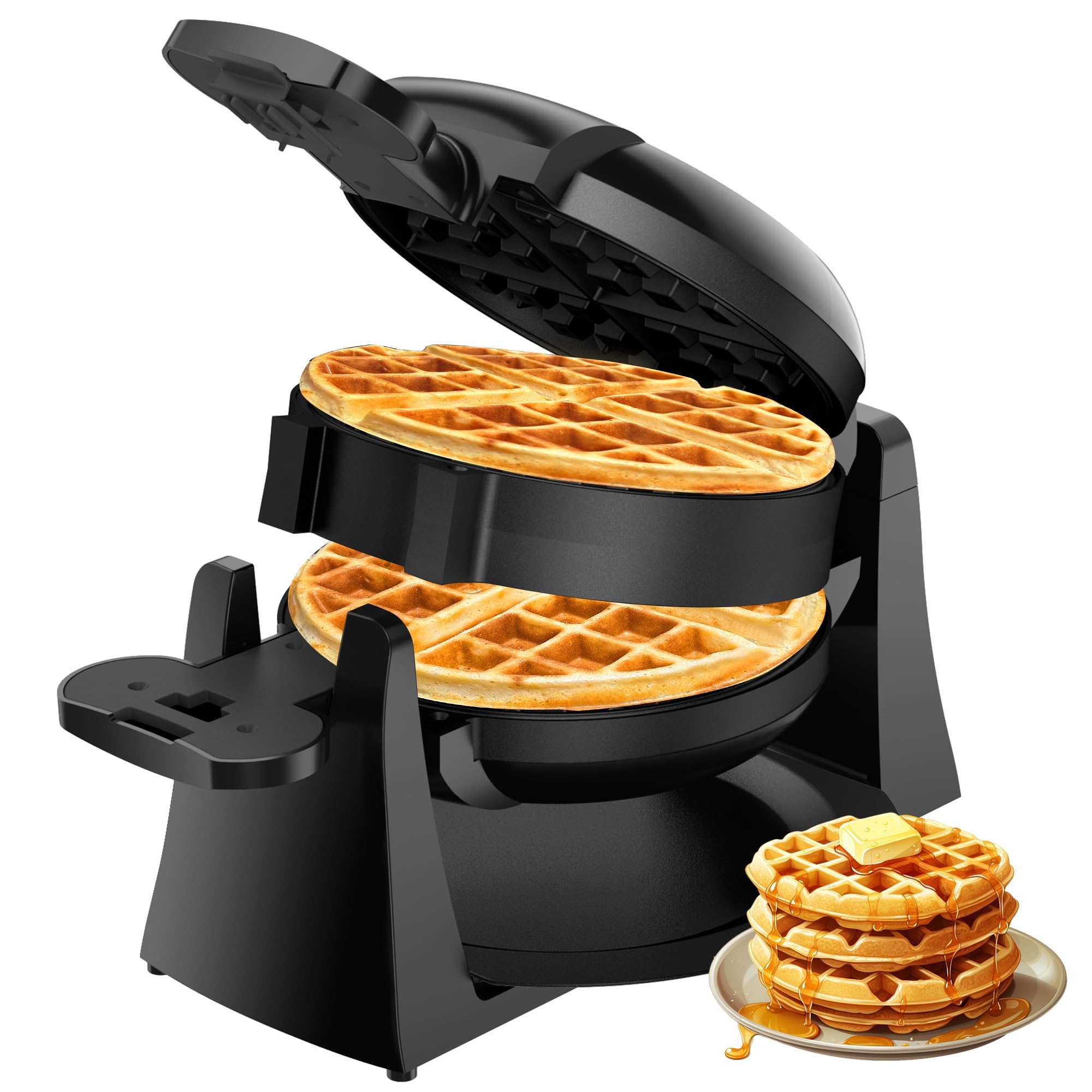 Celahapy double waffle maker in action with 180° rotation for even browning.