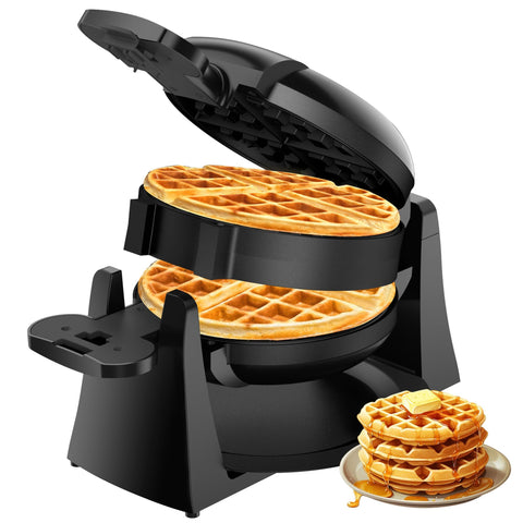Celahapy double waffle maker in action with 180° rotation for even browning.