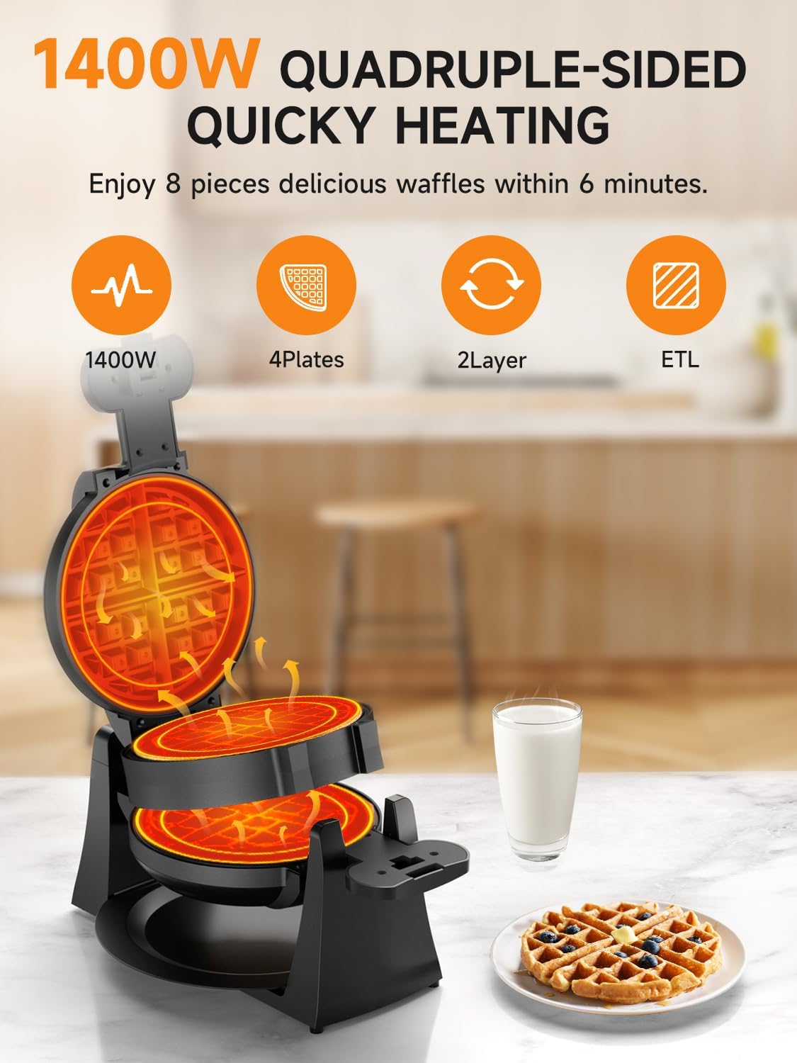 Celahapy waffle maker shows eight-slice capacity for families and guests.