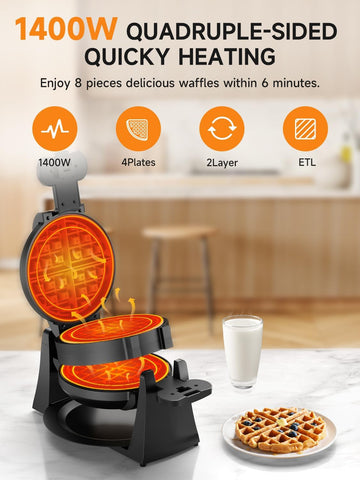 Celahapy waffle maker shows eight-slice capacity for families and guests.