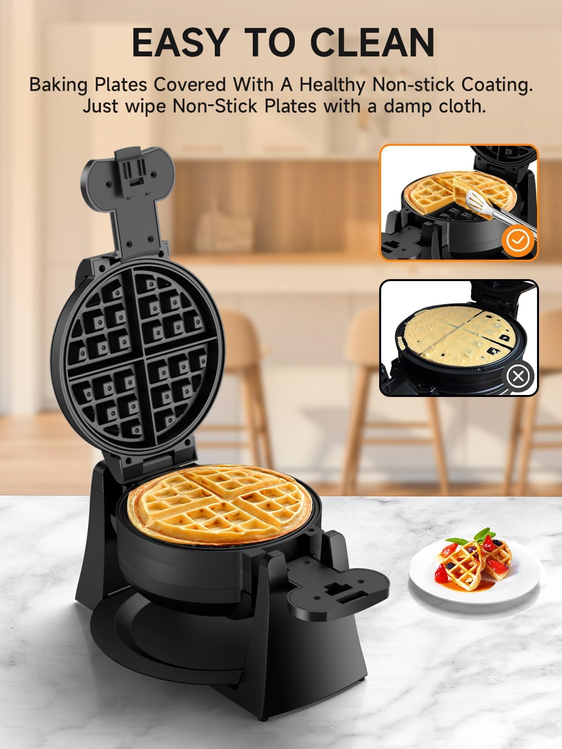 Celahapy nonstick plates ensure easy waffle release.