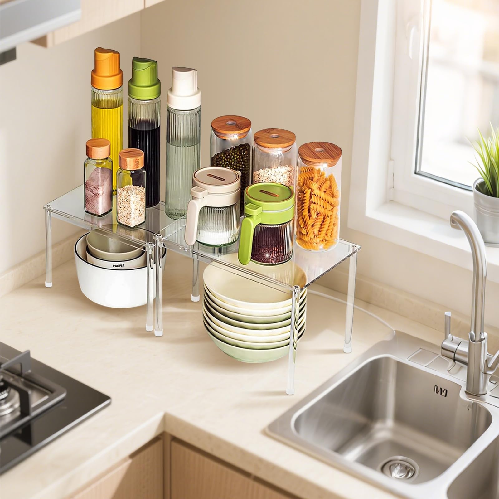 Celsisignis large shelf helps store jars and bottles securely on a pantry shelf