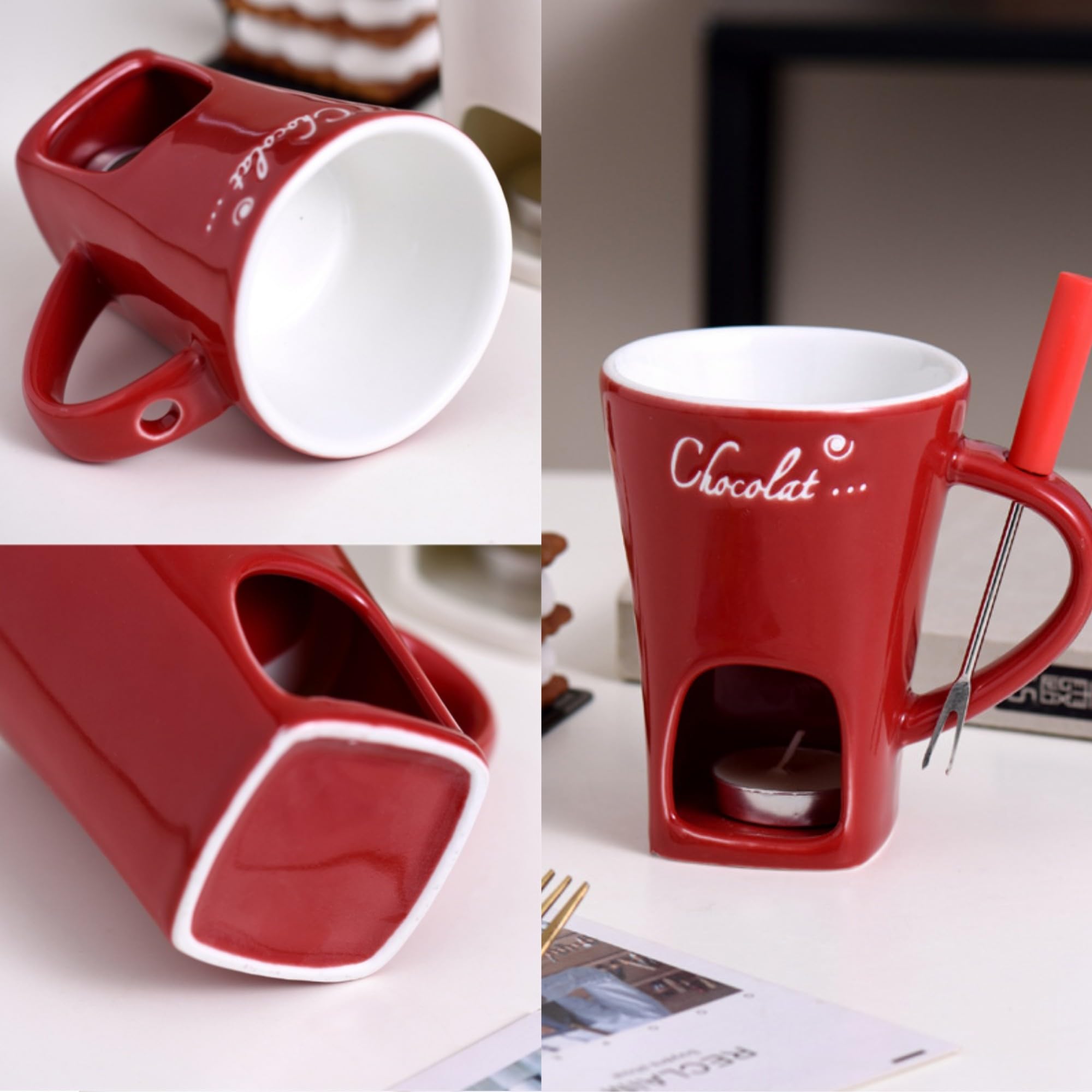 Close-up of the ceramic Fondue Cup in red with smooth finish for easy use.