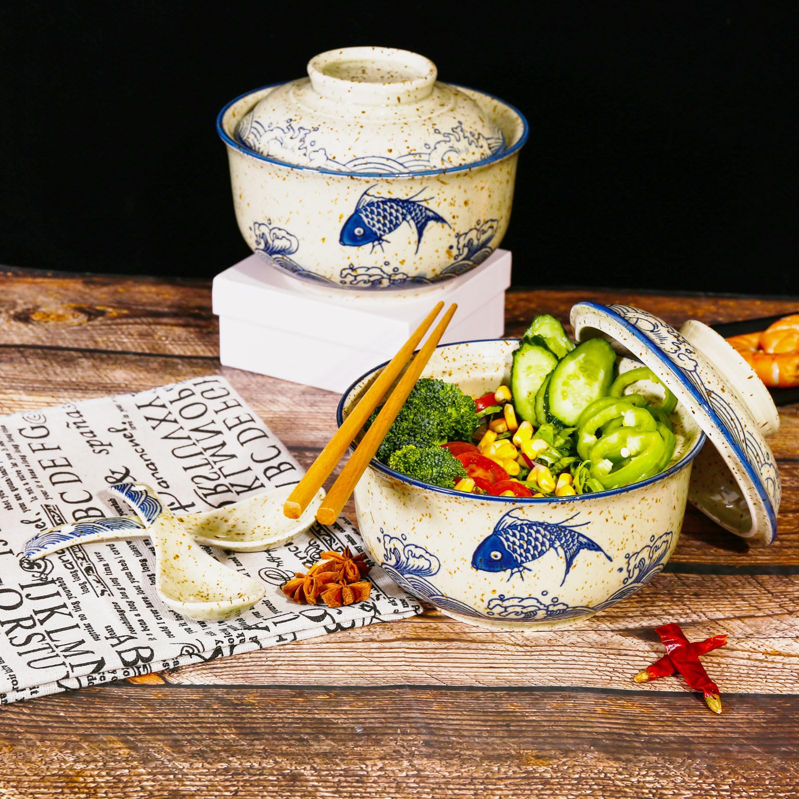 Ceraozmus ceramic ramen bowl on table with chopsticks creates traditional ambiance.