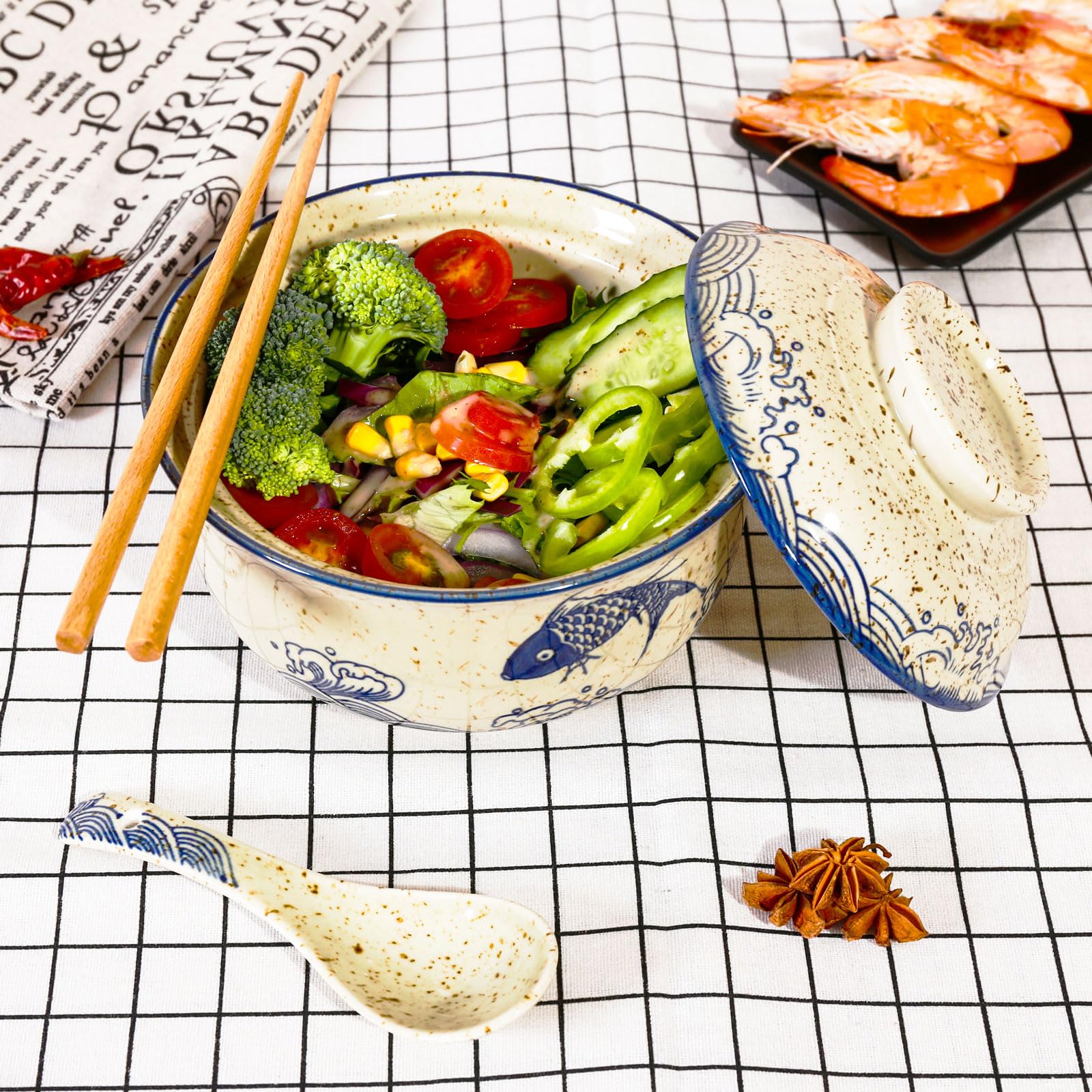 Ceraozmus ramen bowl on table with 16cm diameter for ample servings.