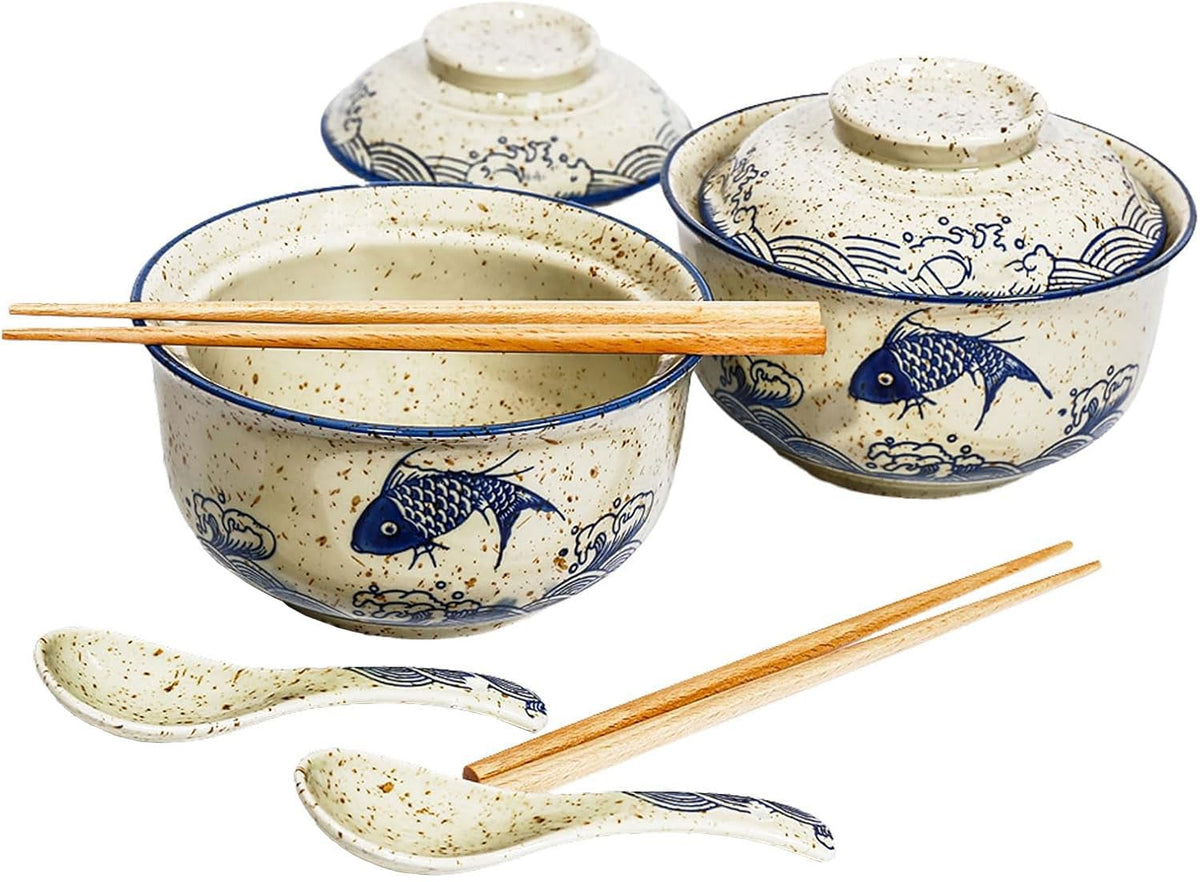 Ceraozmus ramen bowl set 800ml with lid keeps soup warm at table.