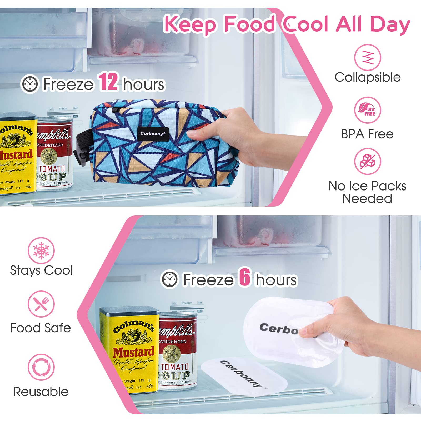 Cerbonny freezable lunch bag buckle handle for secure carrying