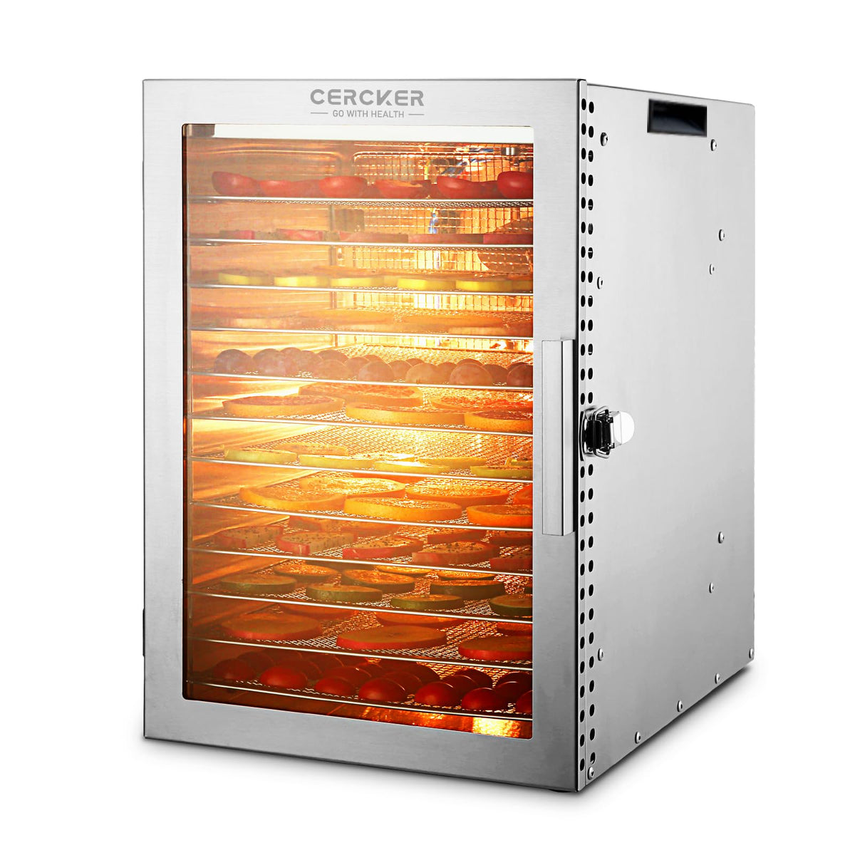 Cercker 12-tray dehydrator front view in stainless steel for durable daily use.