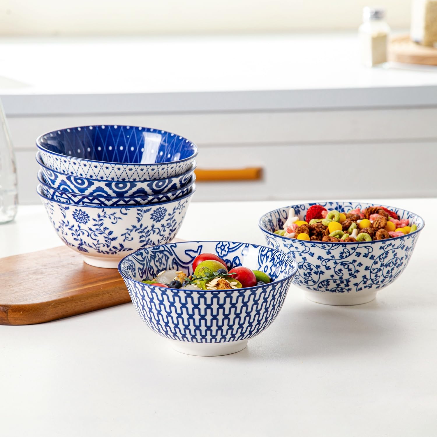 Cerkik blue-and-white pattern bowls stack neatly to save cabinet space