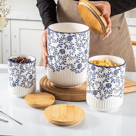 Cerkik blue canisters with bamboo lids showing airtight seal
