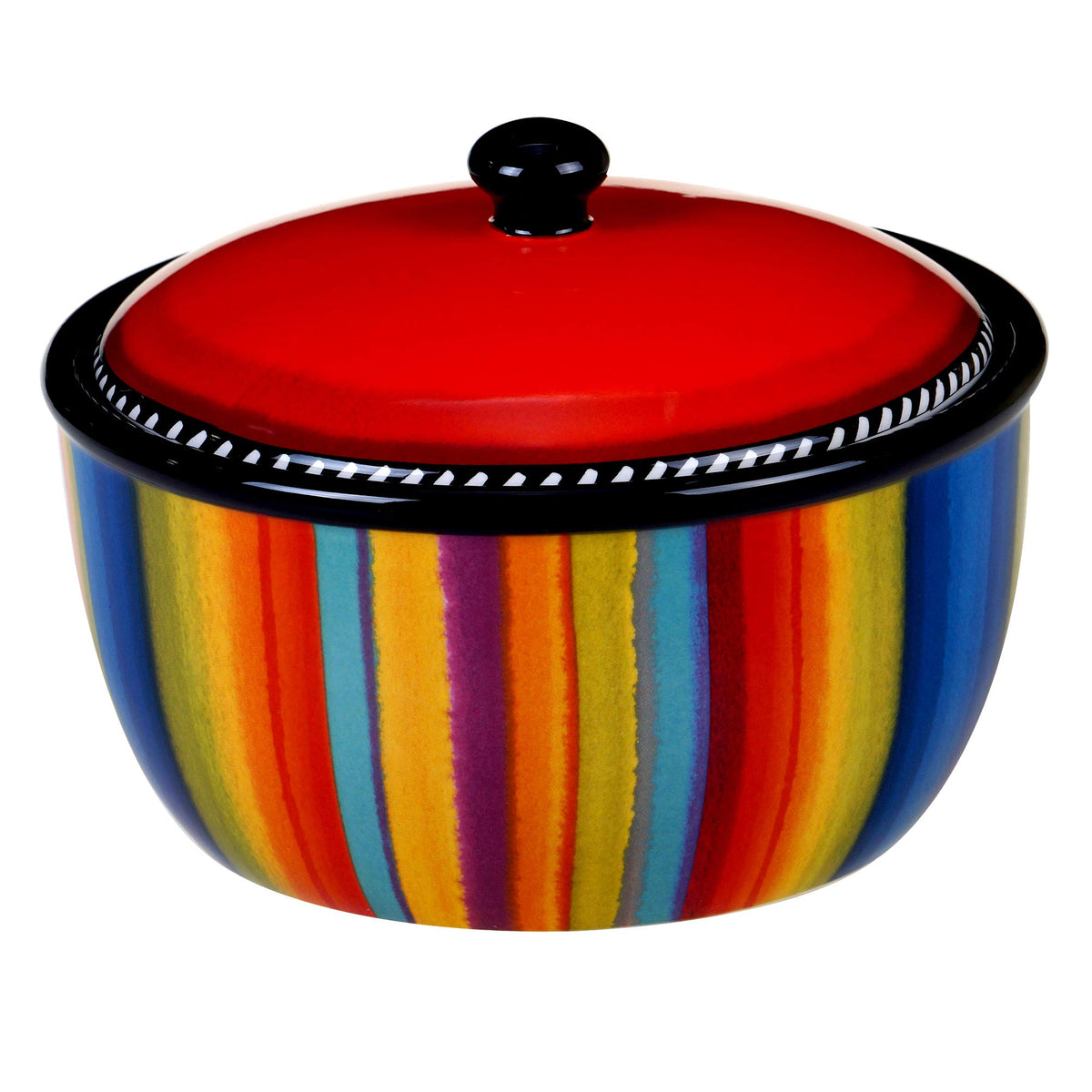 Certified International Sierra bean pot with lid, vibrant stripes, keeps soups warm at table.