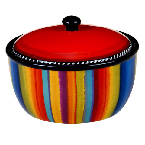 Certified International Sierra bean pot with lid, vibrant stripes, keeps soups warm at table.