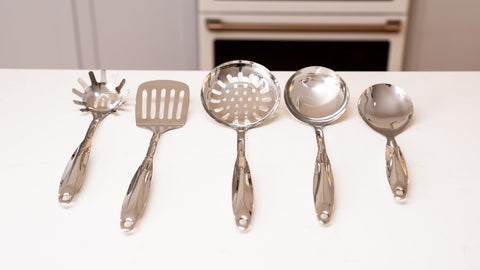 Ceywa ladle in stainless steel for stirring and serving hot soups.