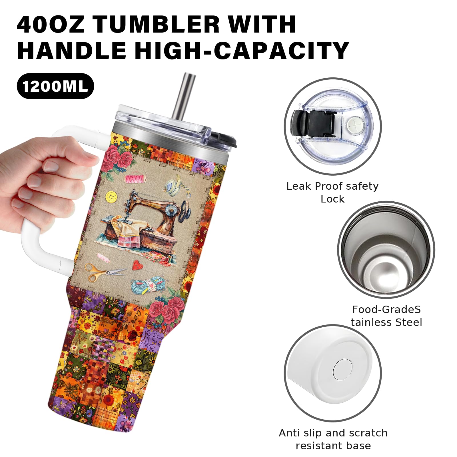 CGMIBAS sewing tumbler 40oz cap highlights keeps drinks ready through projects.