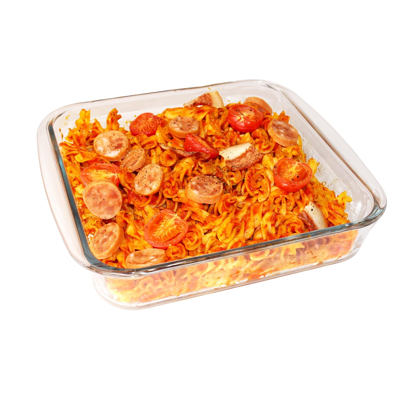 CGNWEEPS 8x8in square glass baking dish, oven-ready for lasagna and casseroles.