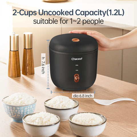CHACEEF 2-cup uncooked capacity supports 1–2 servings in a compact kitchen.
