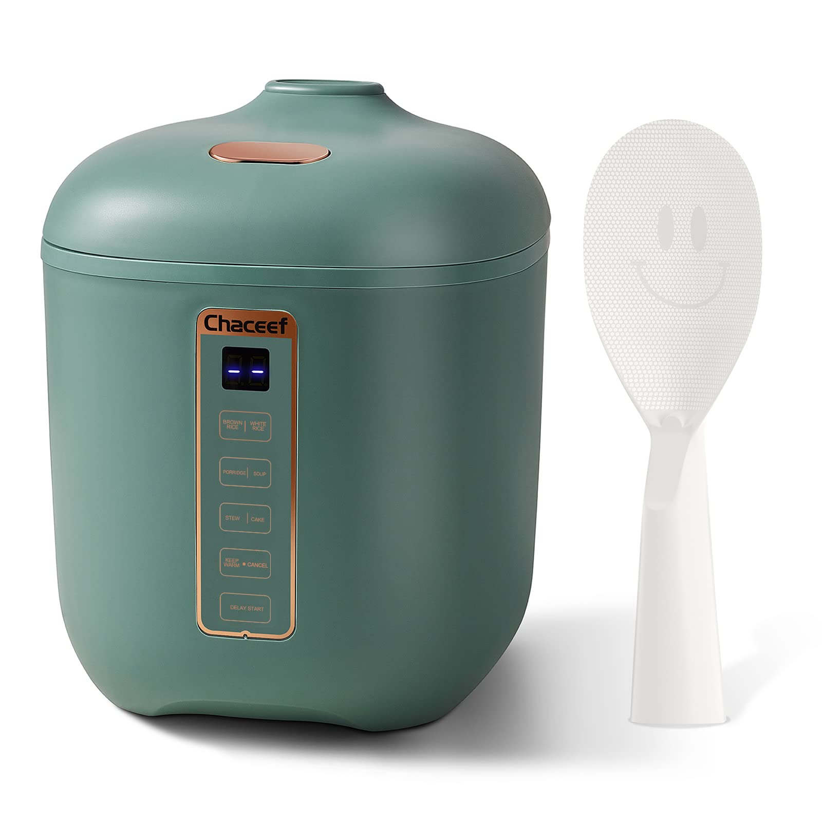 CHACEEF mini rice cooker showing its 2-cup uncooked capacity for small meals