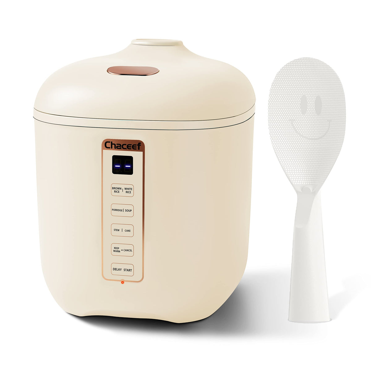 CHACEEF mini rice cooker shows 2-cup uncooked capacity for small meals.