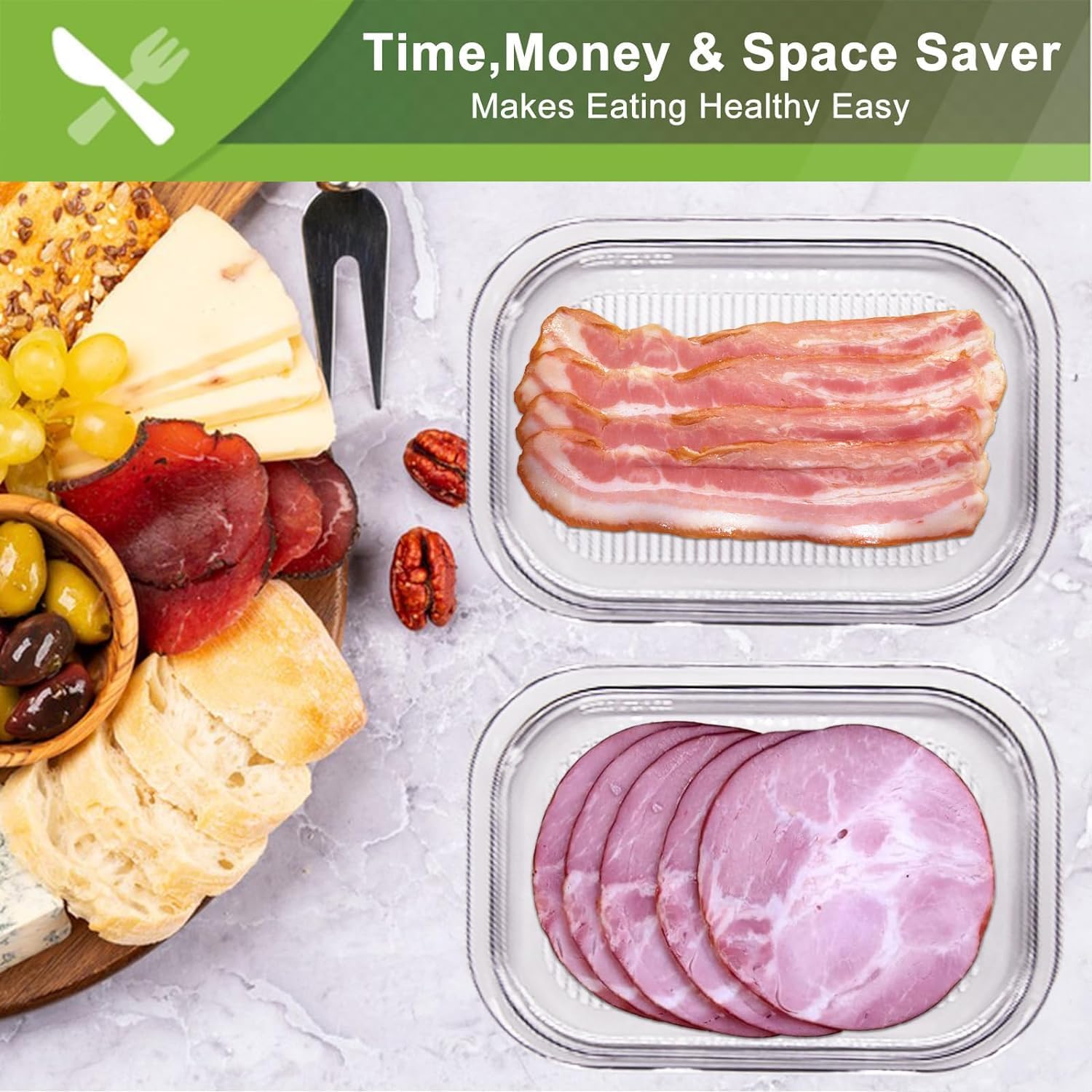 CHACHAE stackable storage in fridge saves space and reduces clutter.