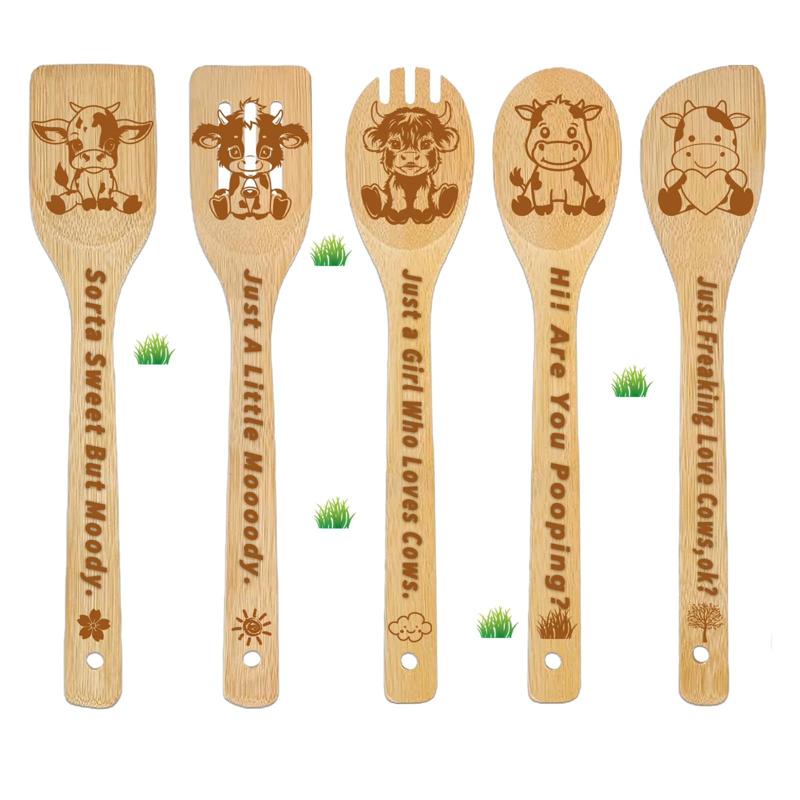 CHACROC cow wooden spoons 5pcs set with bamboo handles for easy stirring.