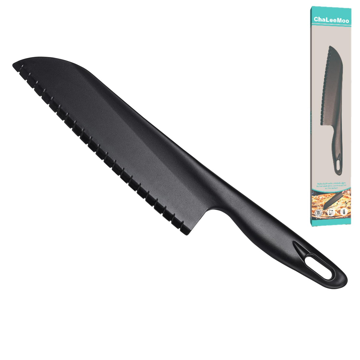 ChaLeeMoo 11-inch nylon knife for nonstick pans slices safely without scratching.