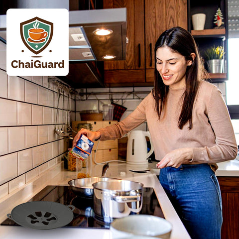 ChaiGuard milk-tea boil lid keeps kitchen neat and fragrant after use.