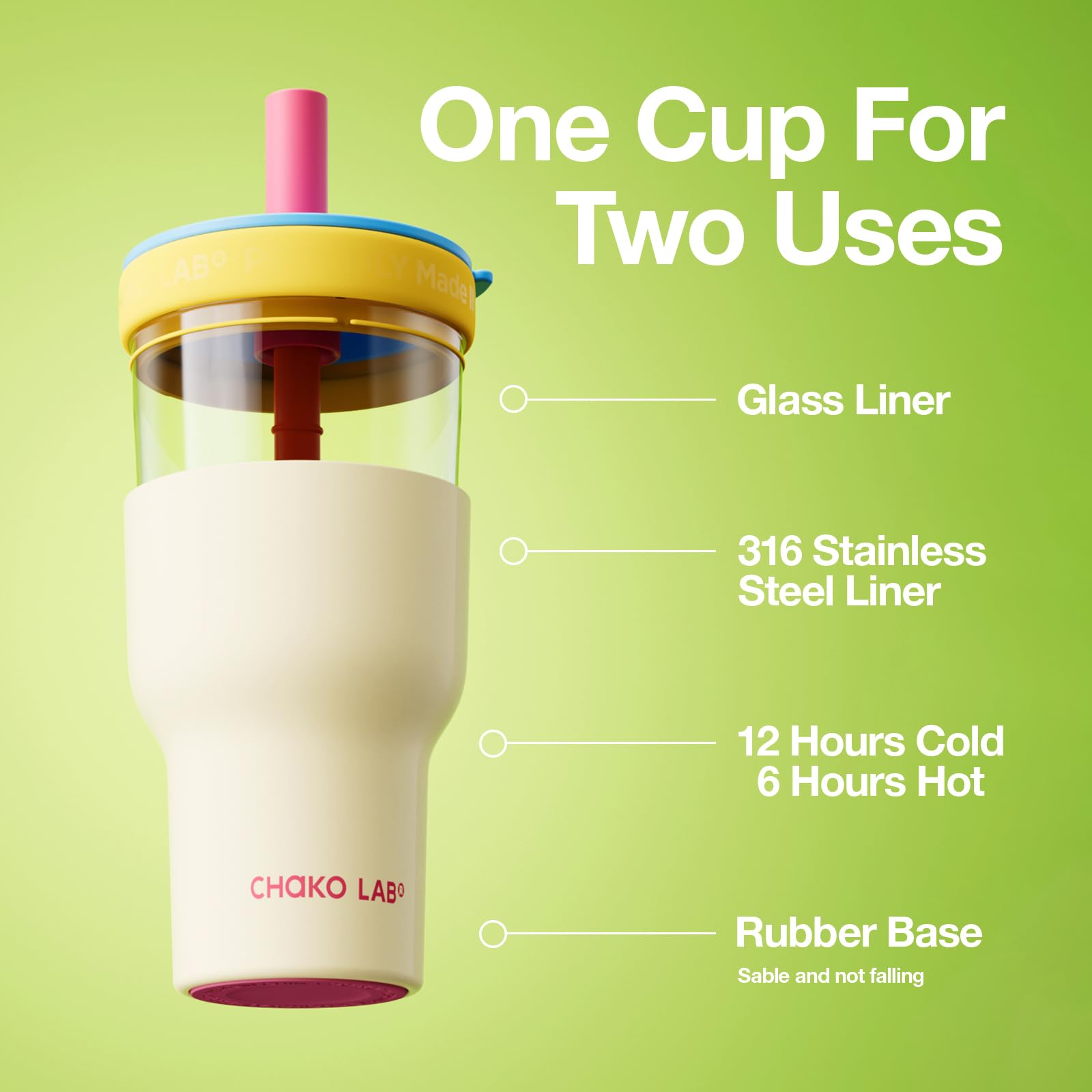 Close-up of CHAKO LAB glass inner liner for pure taste and cleanliness.