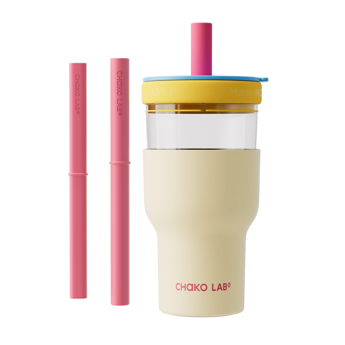 CHAKO LAB insulated bottle in white and blue ready for on-the-go hydration.