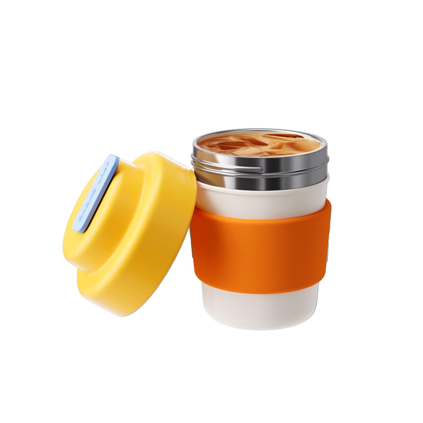 CHAKO LAB insulated travel mug with yellow lid and 14 oz capacity for hot or cold drinks.