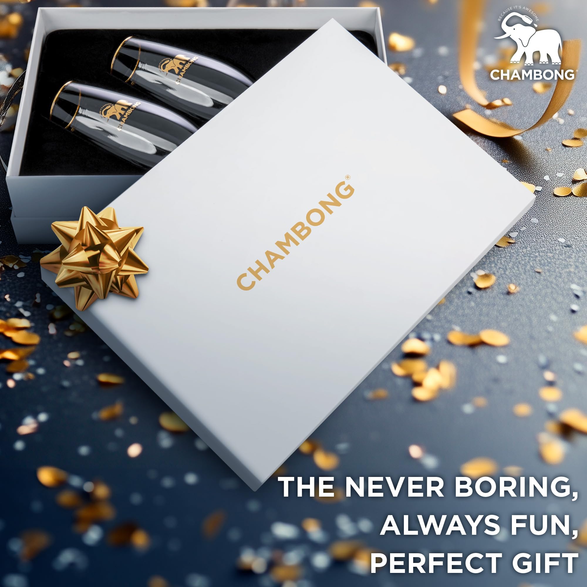 Chambong two-pack in use during a lively party for fizz-free sipping.