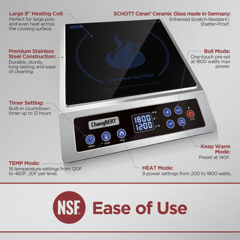 ChangBERT induction burner control panel demonstrates one-touch convenience for quick presets.