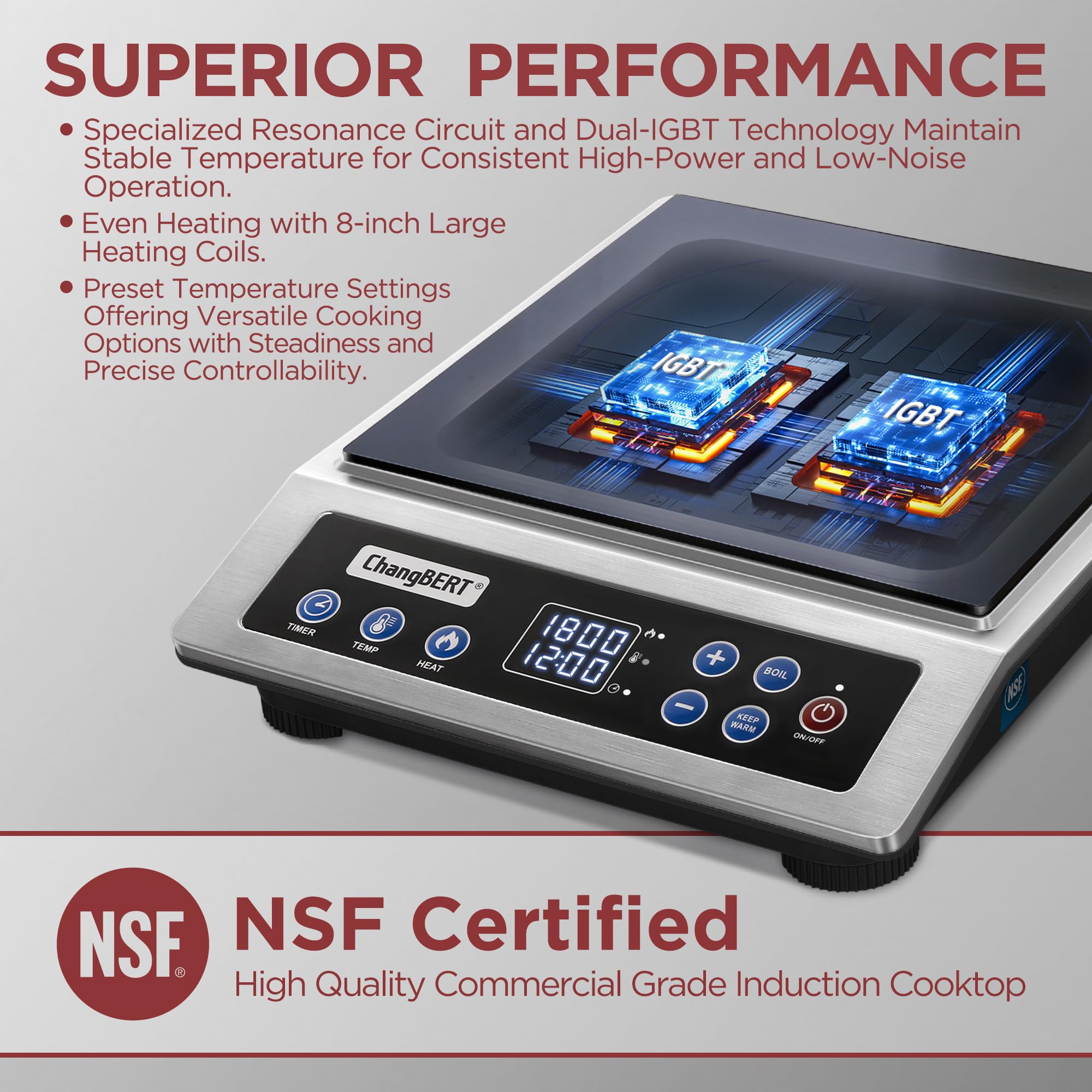 ChangBERT induction burner digital timer display enables precise, long-duration cooking.