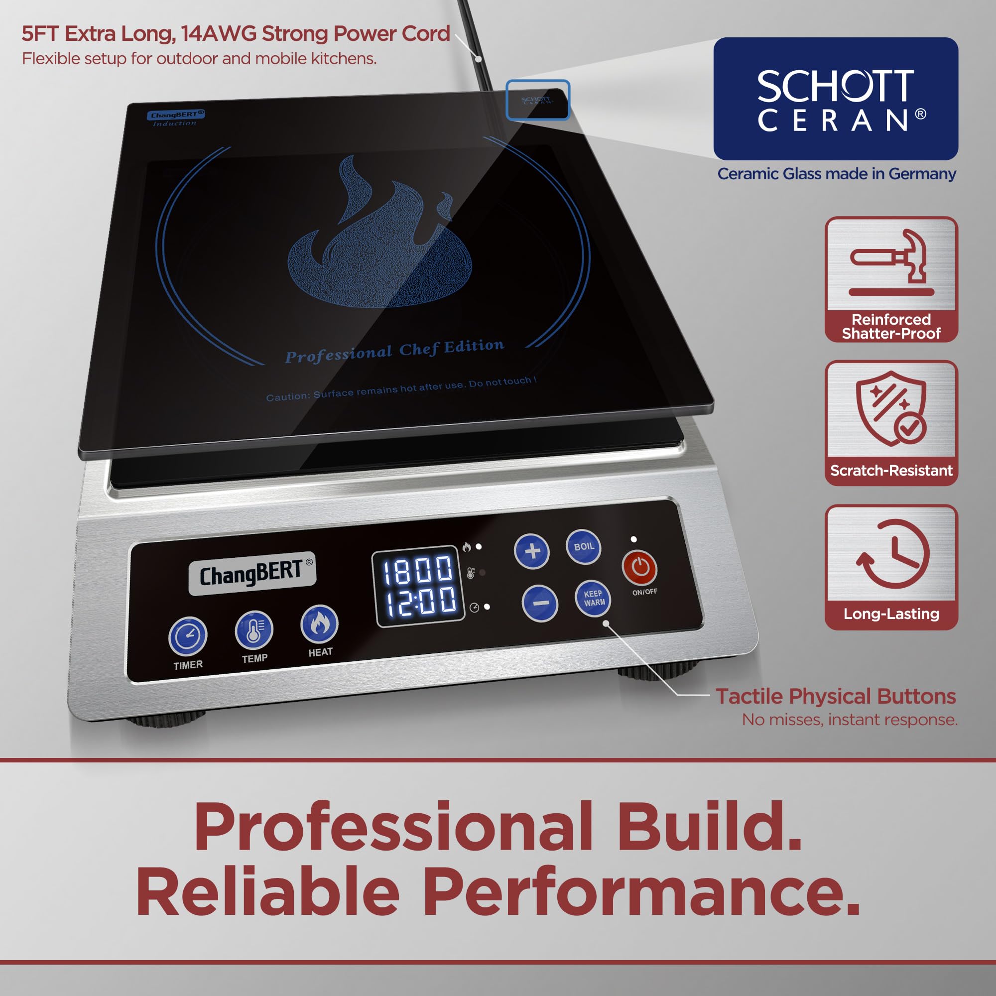 ChangBERT induction burner Schott glass close-up shows scratch resistance and smooth cooking surface.