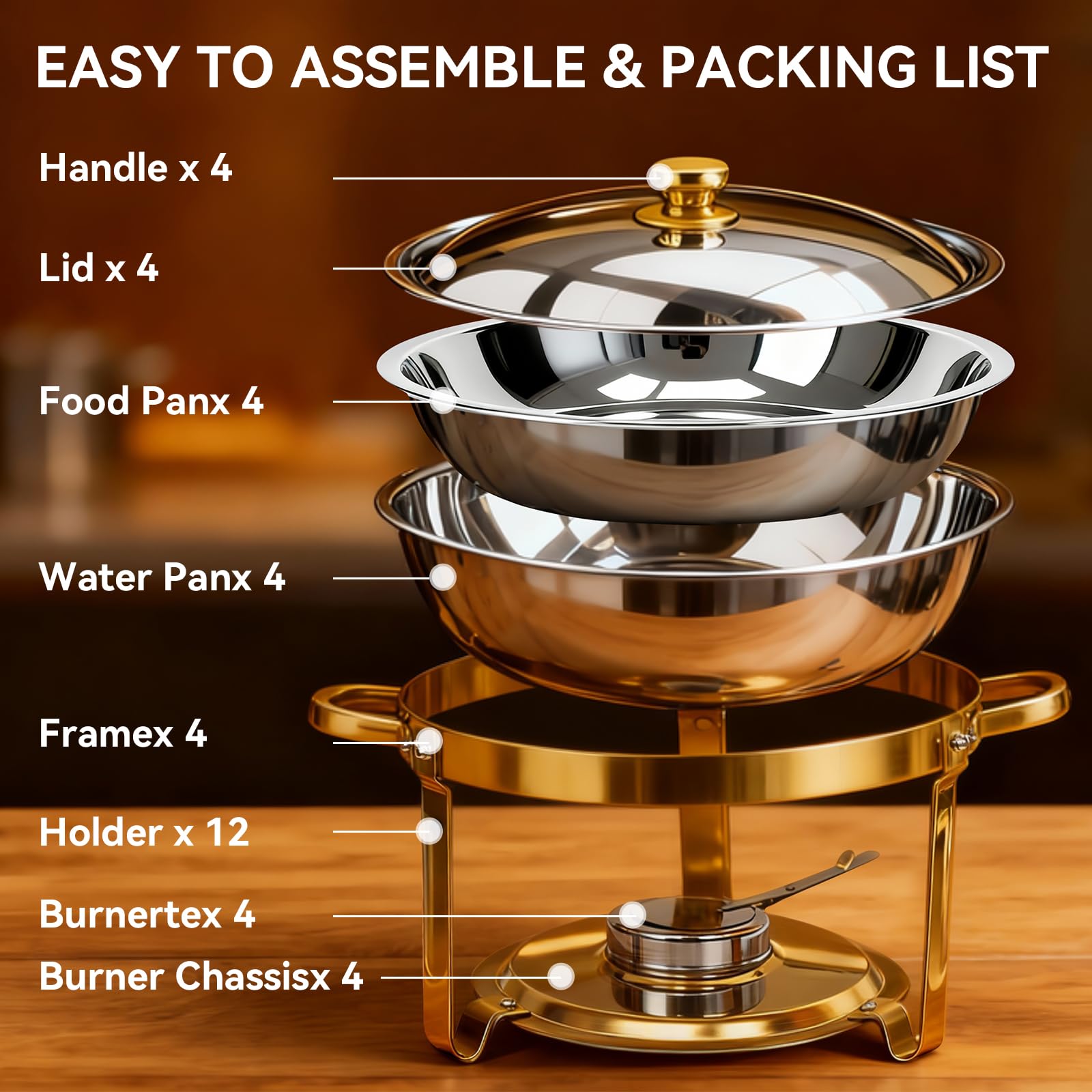 Charcofire gold round chafing dish folding stands in compact storage