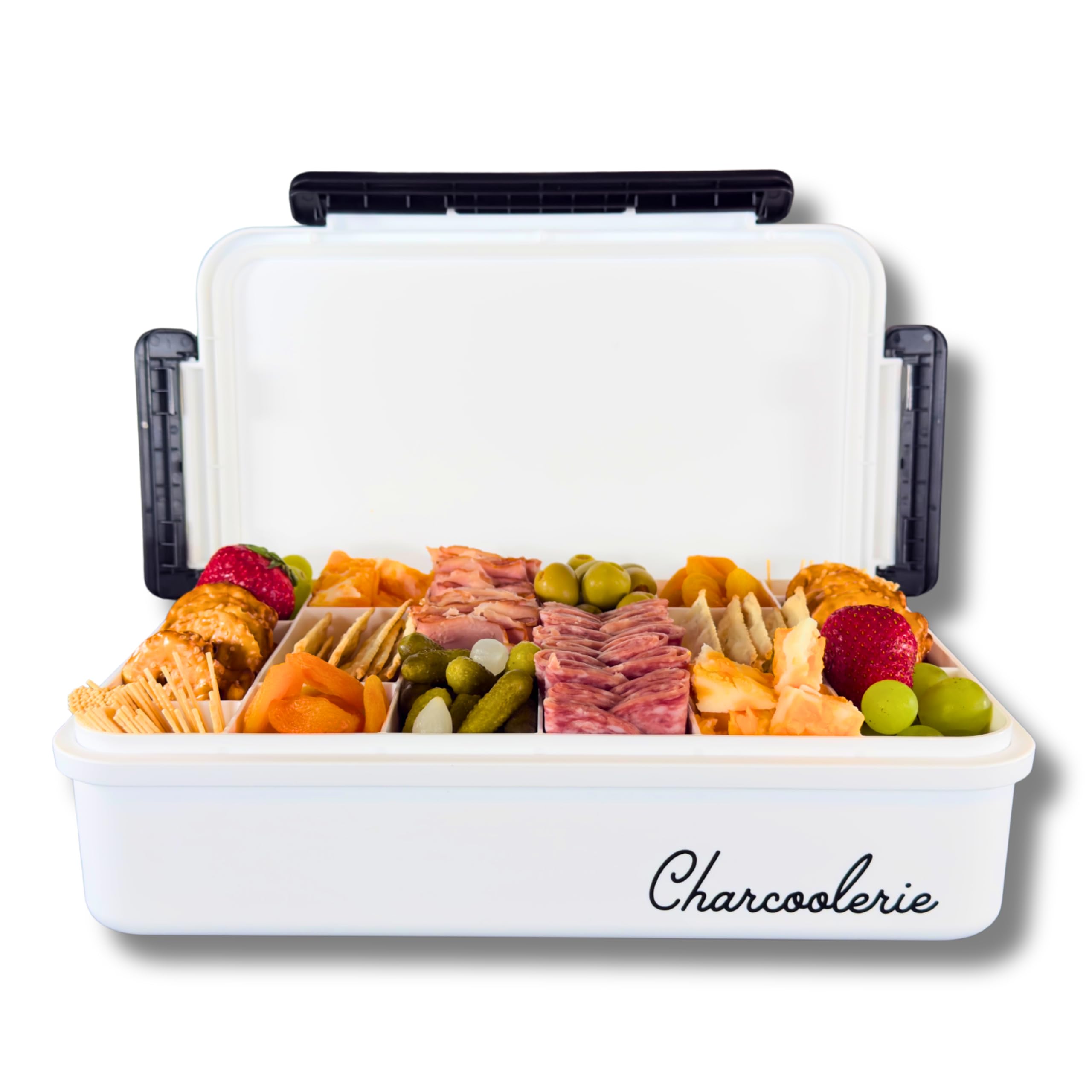 Charcoolerie chilled snackle box with closed lid for mess-free transport.