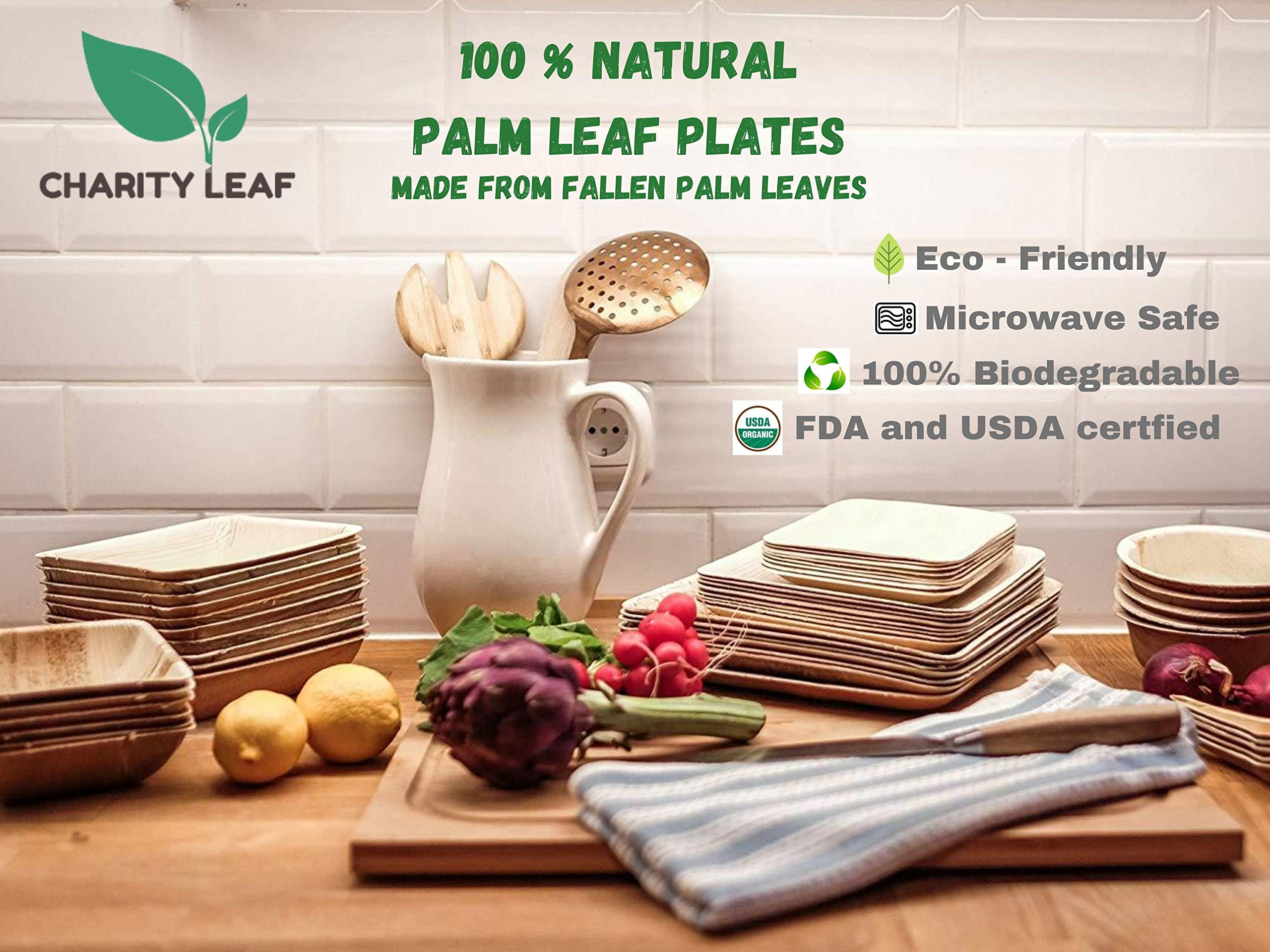 Charity Leaf palm leaf trays sanitize easily and stay odor-free during use.