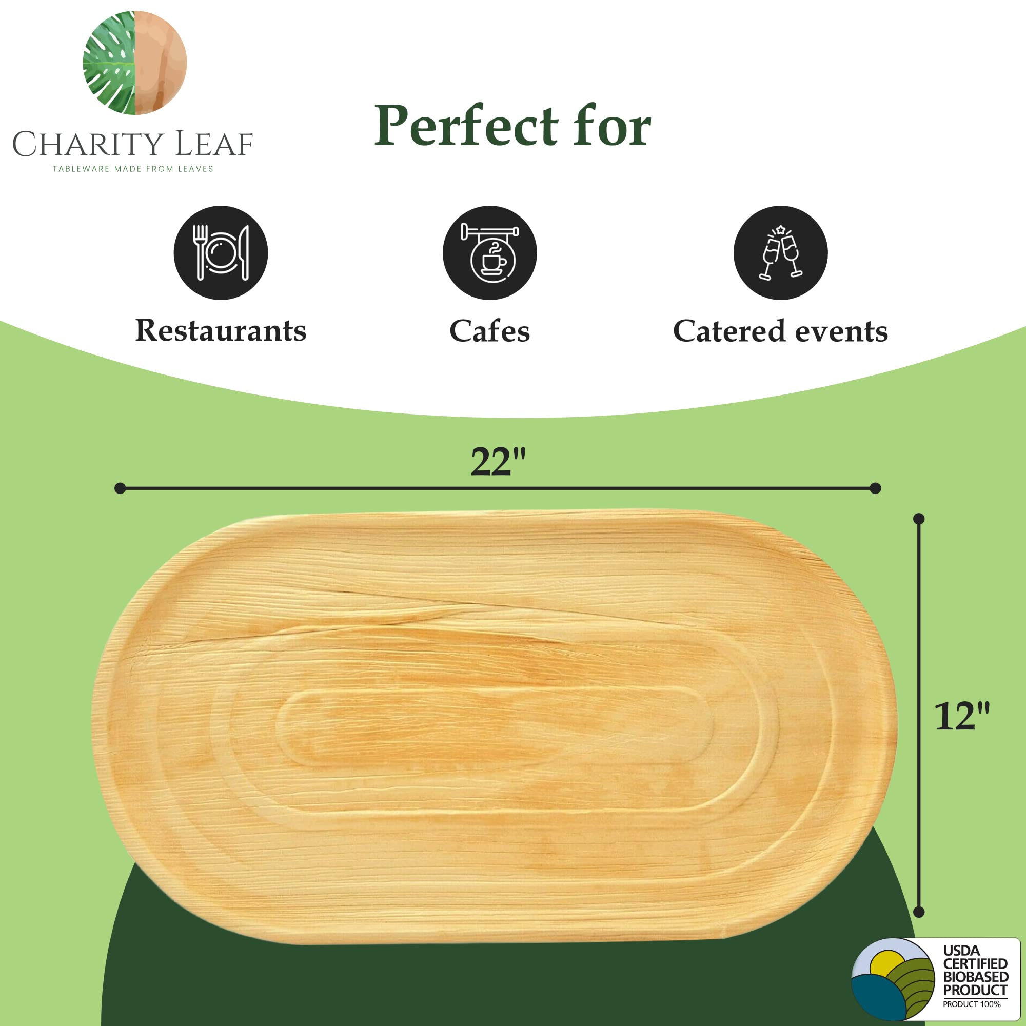 Charity Leaf palm leaf tray charcuterie setup with natural presentation.